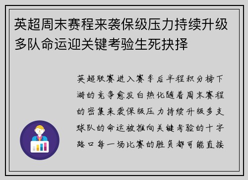 英超周末赛程来袭保级压力持续升级多队命运迎关键考验生死抉择